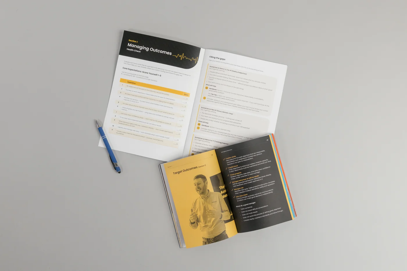 Open manager healthcheck workbook alongside the handbook and a pen